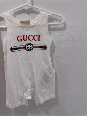 Gucci White Kids Tank Romper with Red Logo and Green Stripe